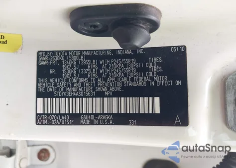 2010 Toyota Highlander Limited V6 из США, поврежденный, VIN 5TDYK3EH4AS015631